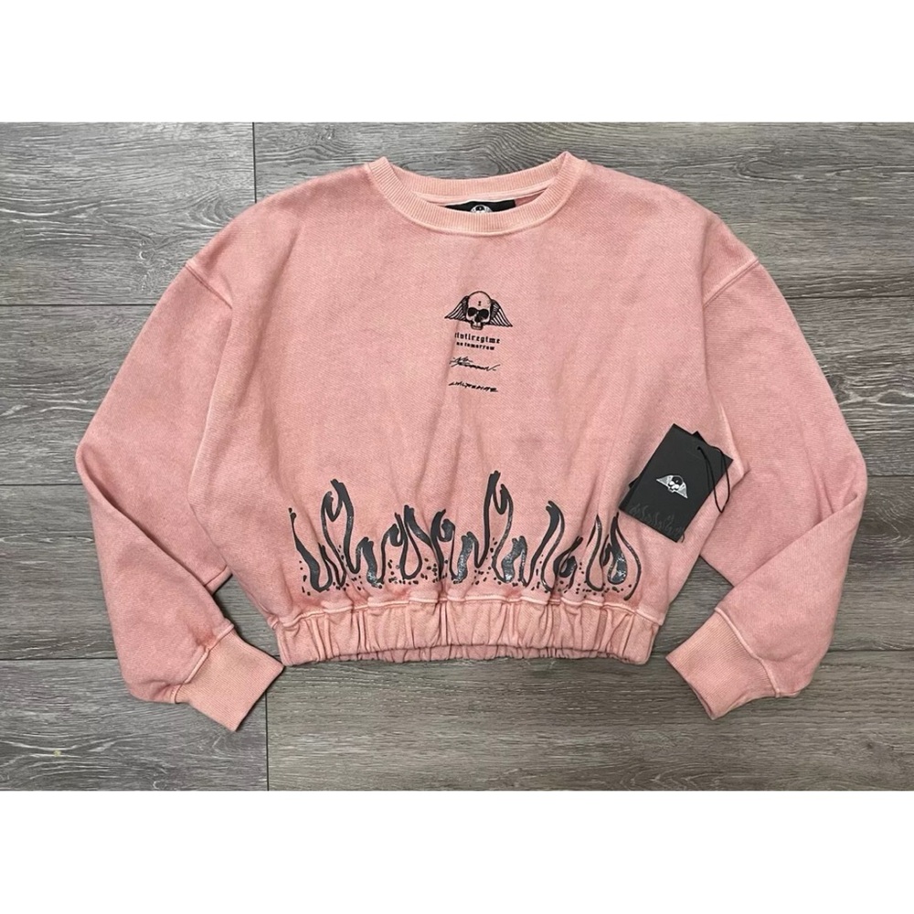 NWT Civil Regime No Tomorrow Coral Cropped Sweatshirt Skull Wings Flames LARGE